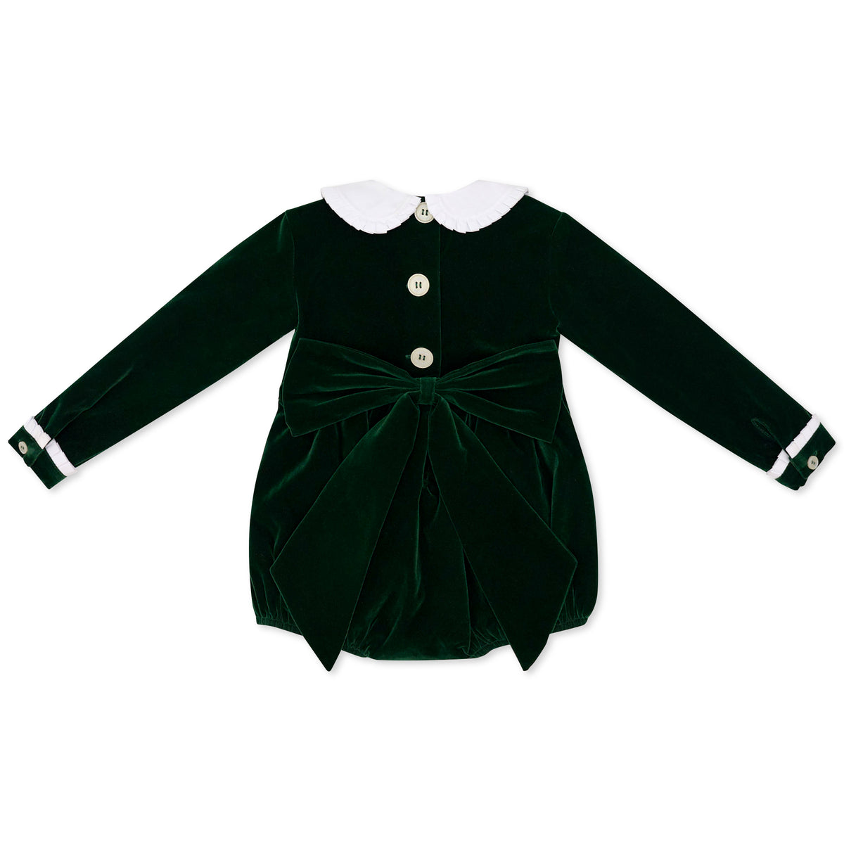 Baby girls’ Long Sleeve Grace Bubble in Grafton Green Velvet with a white pleated collar, waist and cuff trim.