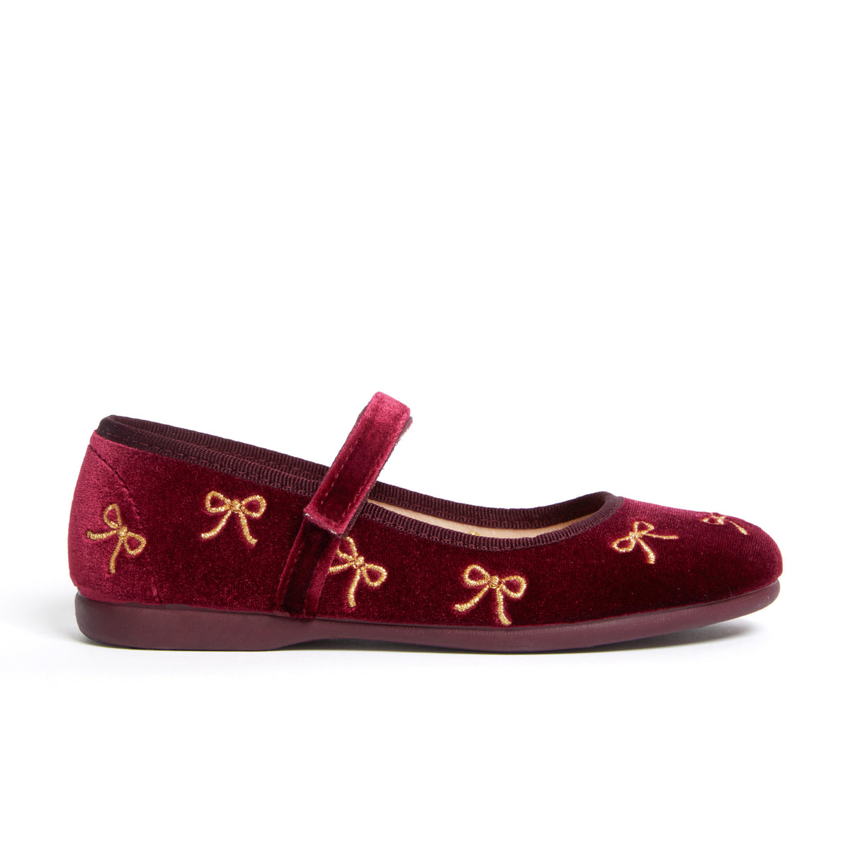 Meri Meri x Marjen Bowie burgundy velvet Mary Jane with gold bow embroidery, side view