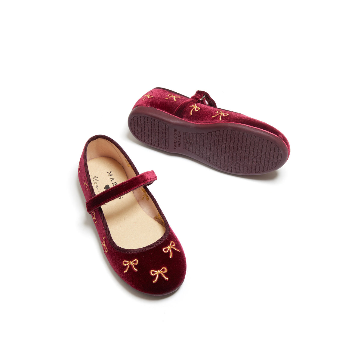 Meri Meri x Marjen Bowie burgundy velvet Mary Jane with gold bow embroidery, pair with sole shown