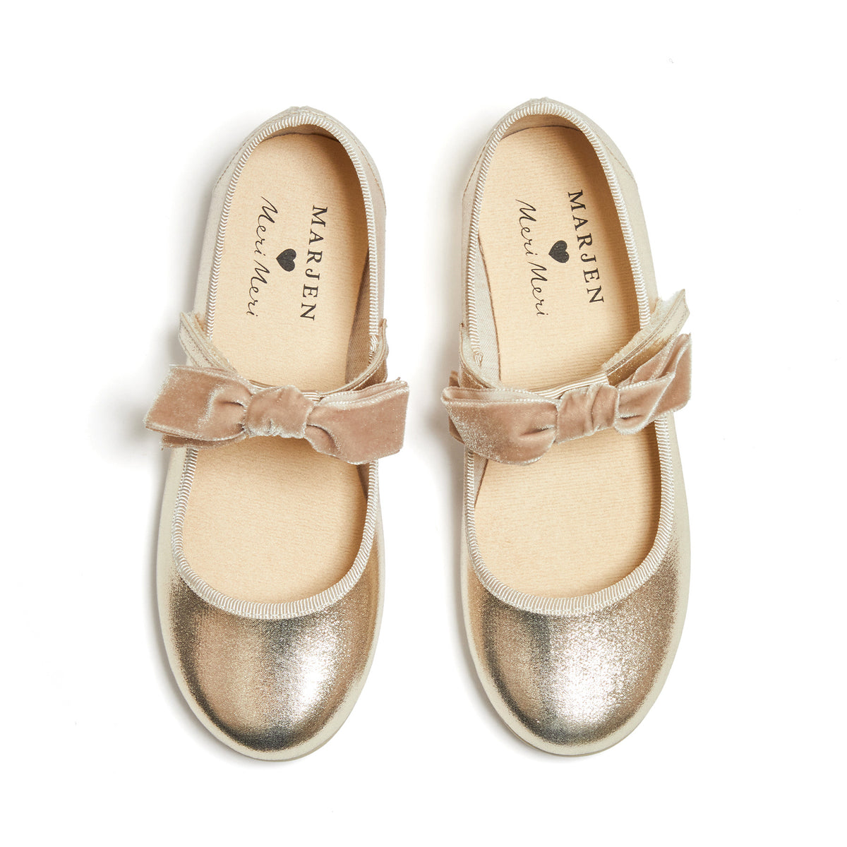 Meri Meri x Marjen Missy metallic gold Mary Jane with velvet bow, top-down view of pair
