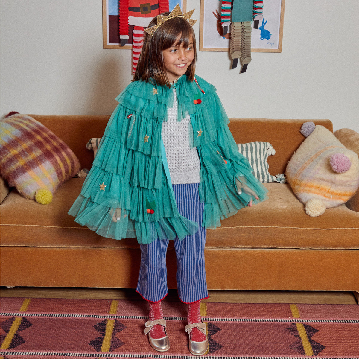 Meri Meri x Marjen Missy metallic gold Mary Jane with velvet bow, child in a teal tulle cape