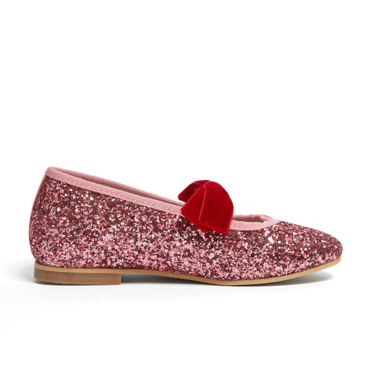 Meri Meri x Marjen Sabrina pink glitter Mary Jane with red velvet bow, side view