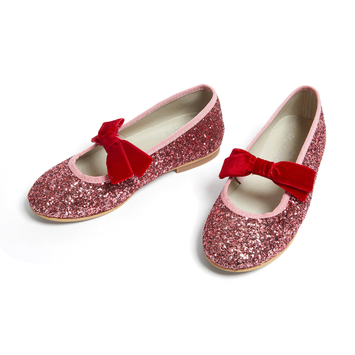 Meri Meri x Marjen Sabrina pink glitter Mary Jane with red velvet bow, pair angled