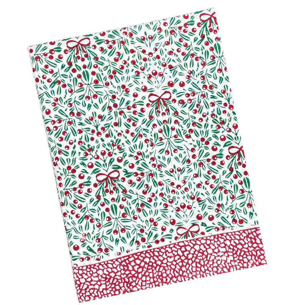 Flying Sheep Country mistletoe print tablecloth for Christmas, block printed cotton holiday table linens in red and green, classic Christmas tablecloth with berries and ribbon pattern – available at Holiday Fave Finds