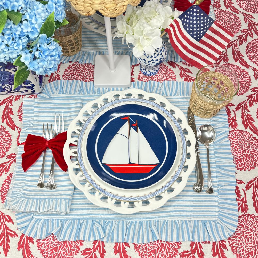 Quilted Placemats with Ruffle in Blue Stripes, Set of 4 - Henry Duvall