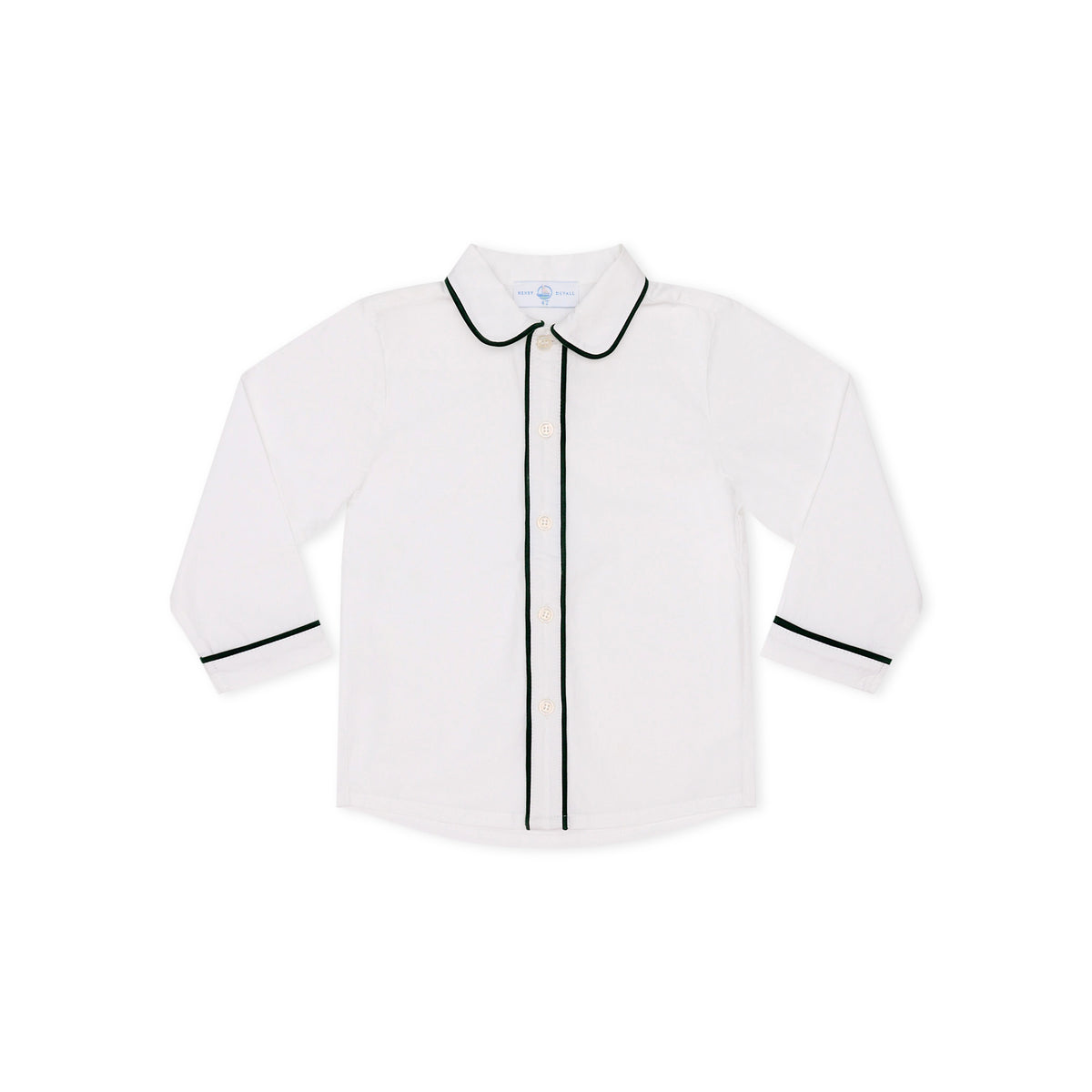 Sullivan Shorts Set for boys in Grafton Green Velvet, featuring a white long-sleeve Peter Pan collar shirt with green piping and coordinating green velvet shorts.