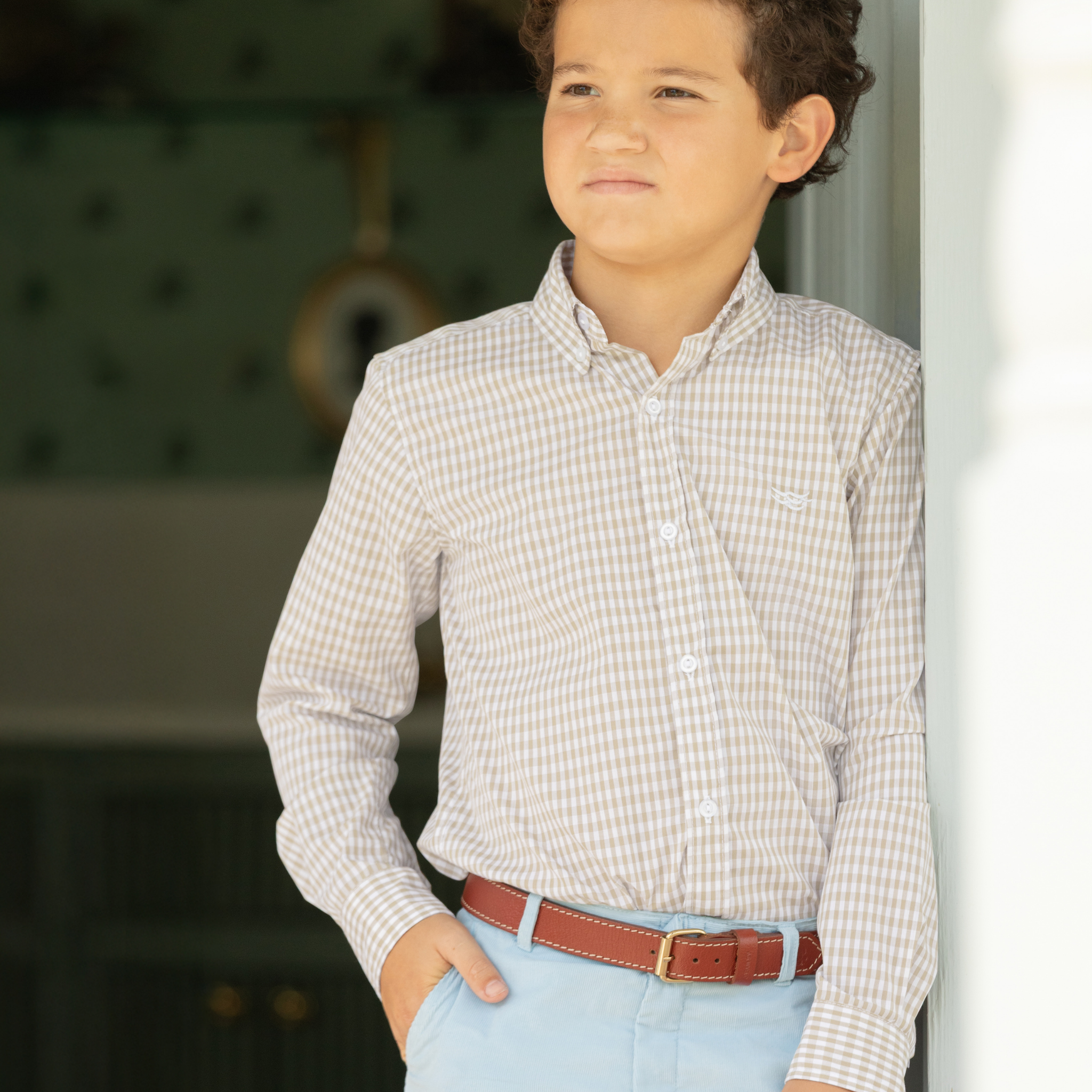 Henry Duvall Bennett Button Down in King's Way Khaki Check, classic boys fall dress shirt perfect for pairing with khaki corduroy trousers and coordinating sibling sets