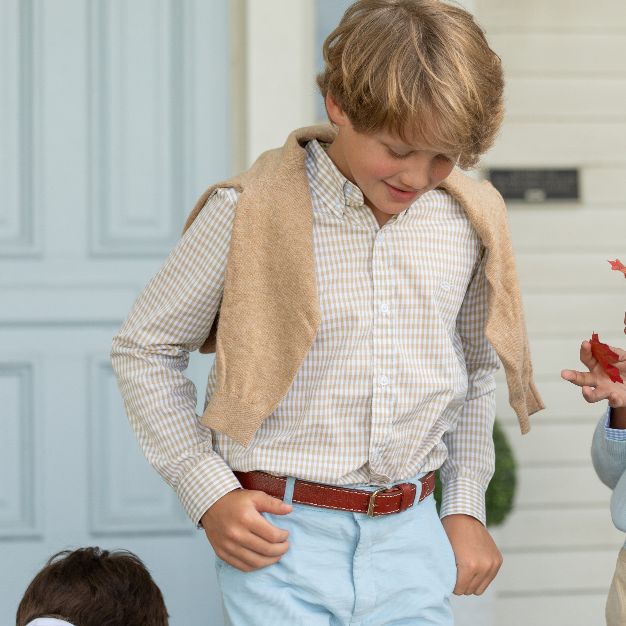 Henry Duvall Bennett Button Down in King's Way Khaki Check, classic boys fall dress shirt perfect for pairing with khaki corduroy trousers and coordinating sibling sets