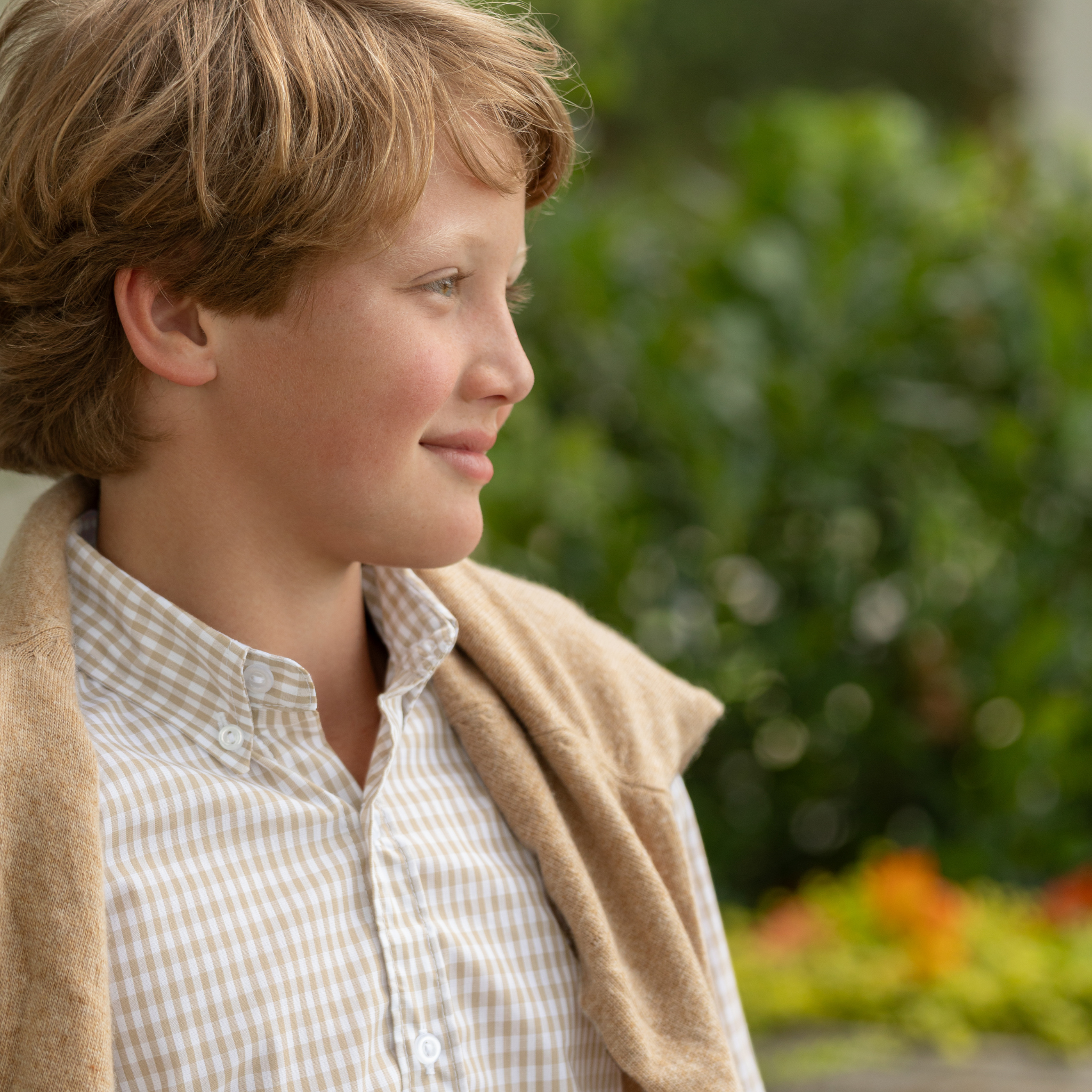 Henry Duvall Bennett Button Down in King's Way Khaki Check, classic boys fall dress shirt perfect for pairing with khaki corduroy trousers and coordinating sibling sets