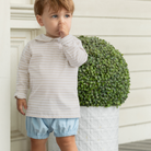 Henry Duvall Long Sleeve Henry Peter Pan Shirt in King's Way Khaki Check, classic boys fall shirt with Peter Pan collar and button-back, perfect for layering and coordinating sibling outfits