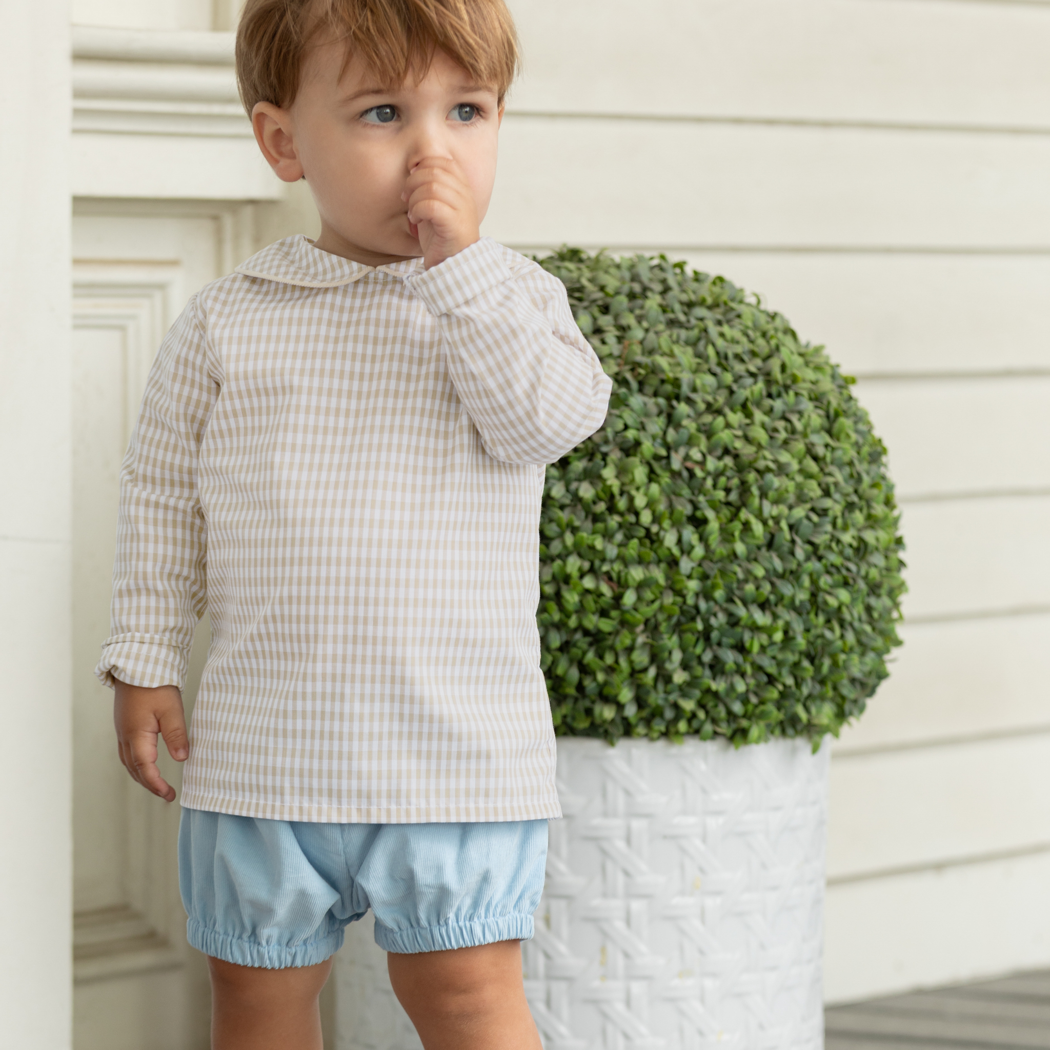 Henry Duvall Long Sleeve Henry Peter Pan Shirt in King's Way Khaki Check, classic boys fall shirt with Peter Pan collar and button-back, perfect for layering and coordinating sibling outfits