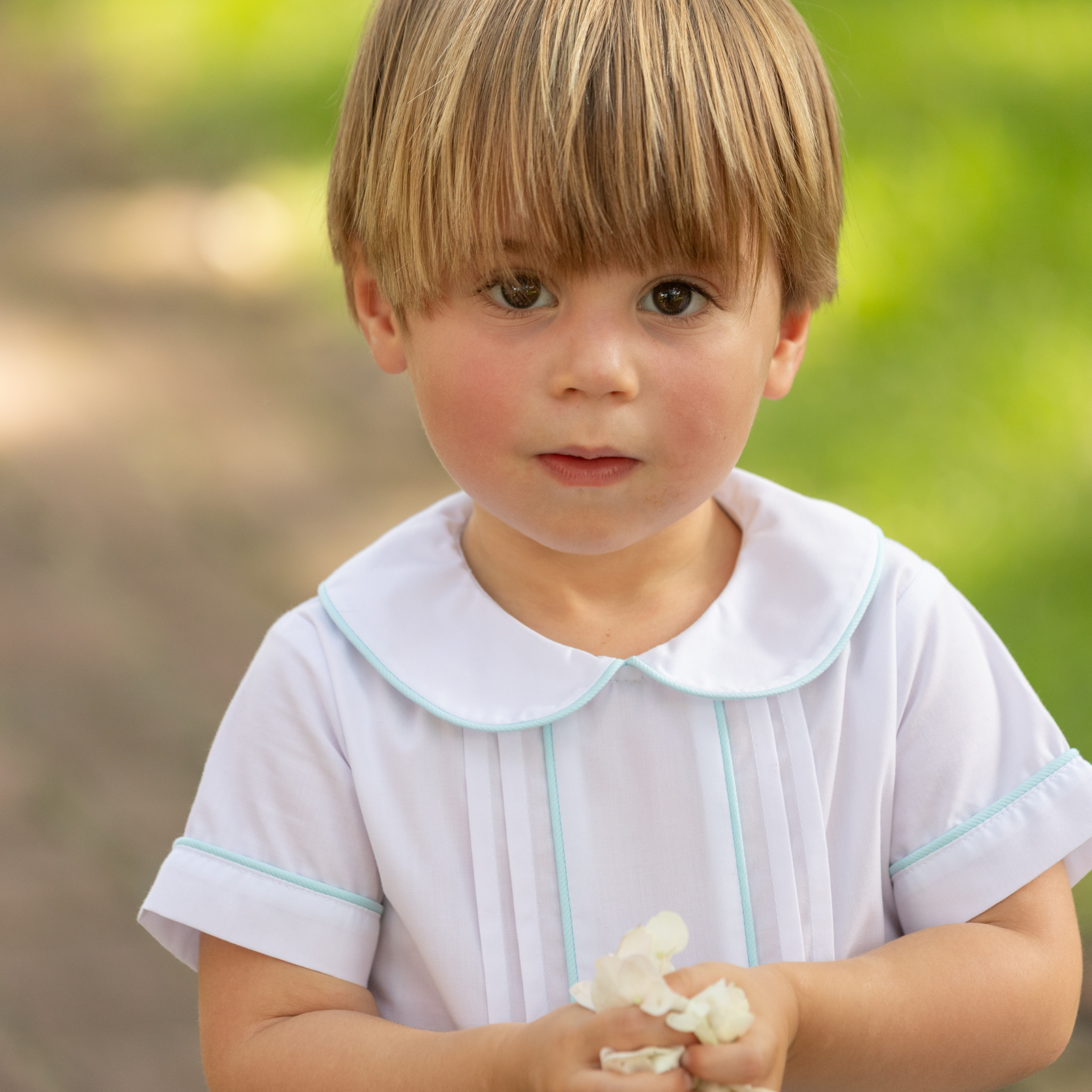 Henry Duvall Benjamin Button-On for baby boys in seafoam blue, a classic heirloom-style button-on outfit with tailored silhouette.