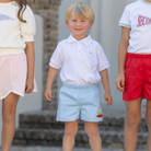 Henry Duvall Liam Shorts in Bailey's Bay Blue with crayon appliqué, classic boys back-to-school shorts with elastic waist for first day of school photos and everyday fall wear.