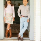 Henry Duvall Bradford Trousers in Bay Tree Blue light blue corduroy for boys, fully lined in King’s Way Khaki Check with contrast checked cuffs that can be rolled up or worn down.