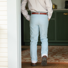 Henry Duvall Bradford Trousers in Bay Tree Blue light blue corduroy for boys, fully lined in King’s Way Khaki Check with contrast checked cuffs that can be rolled up or worn down.