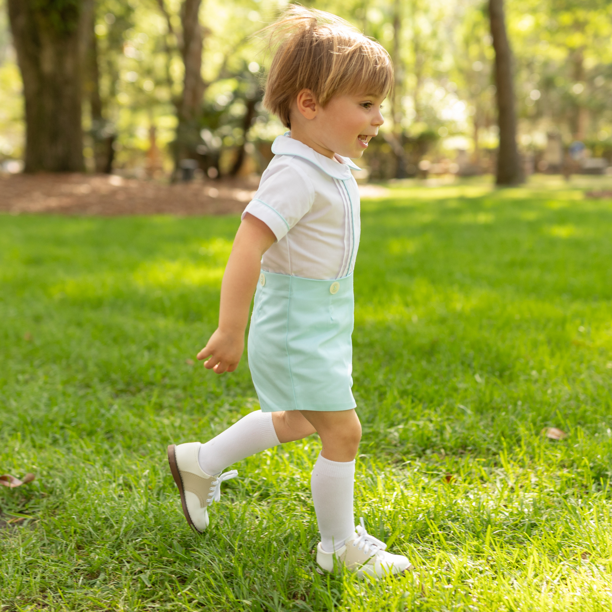 Henry Duvall Benjamin Button-On for baby boys in seafoam blue, a classic heirloom-style button-on outfit with tailored silhouette.