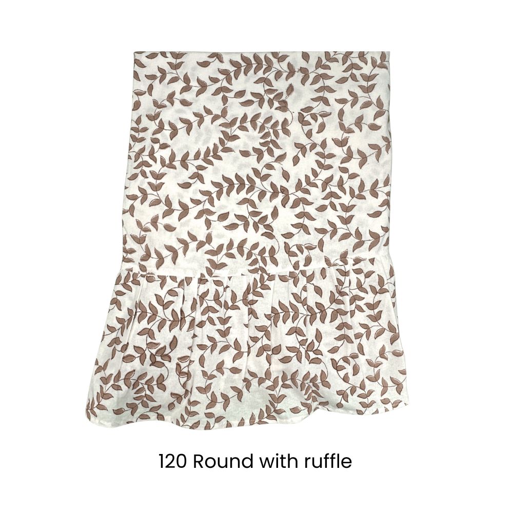 Woodland Leaves Thanksgiving tablecloth in warm golden leaf block print on ivory cotton, handcrafted by Flying Sheep Country, perfect for fall and holiday entertaining.