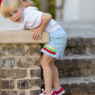 Henry Duvall Liam Shorts in Bailey's Bay Blue with crayon appliqué, classic boys back-to-school shorts with elastic waist for first day of school photos and everyday fall wear.
