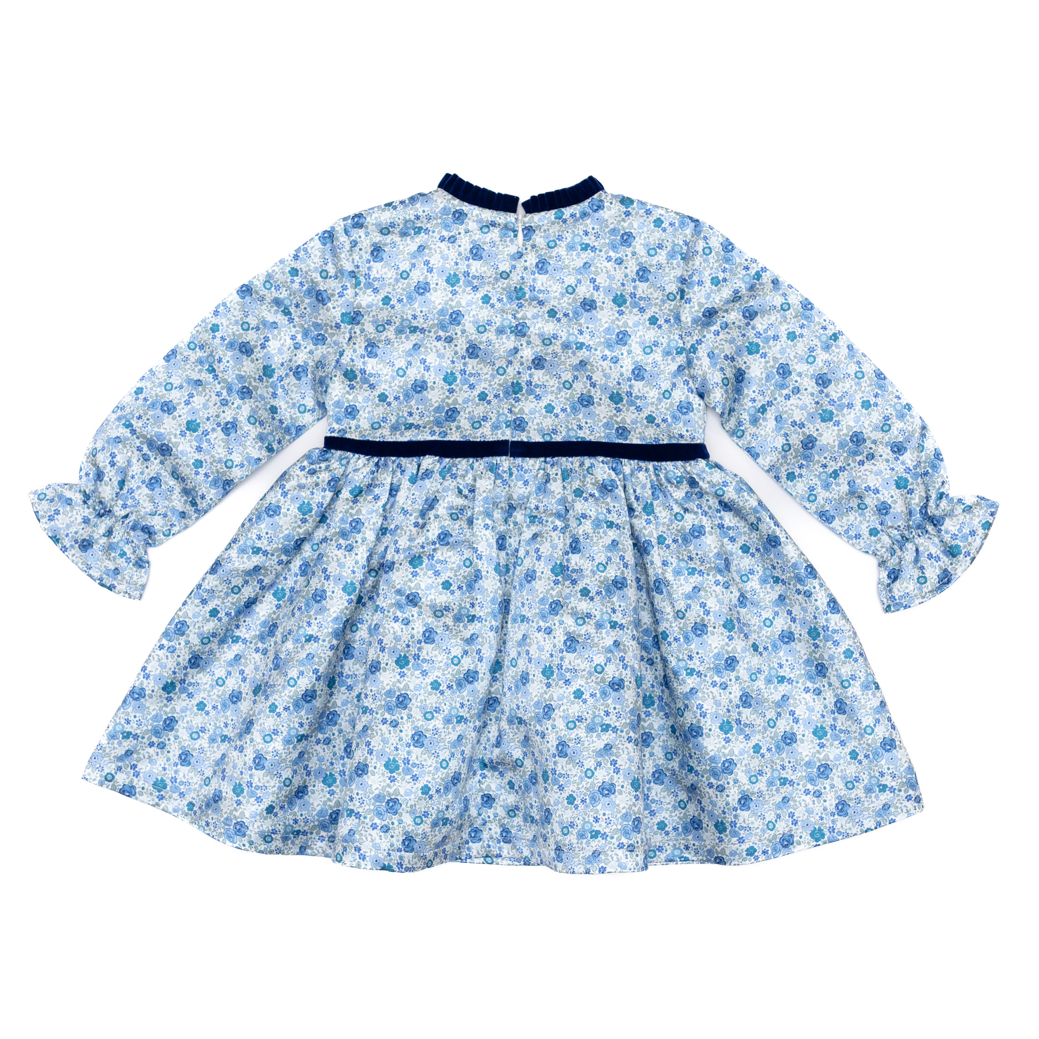 Henry Duvall Hazel Dress in Prescott Petals floral with Back Bay Blue Velvet bow, vintage length fall dress for girls, perfect for sibling sets and mother-daughter matching