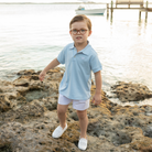 Boys’ white spring dress shorts in crisp cotton with flat front and elastic back waistband, by Henry Duvall – versatile for Easter, portraits, and warm-weather occasions.