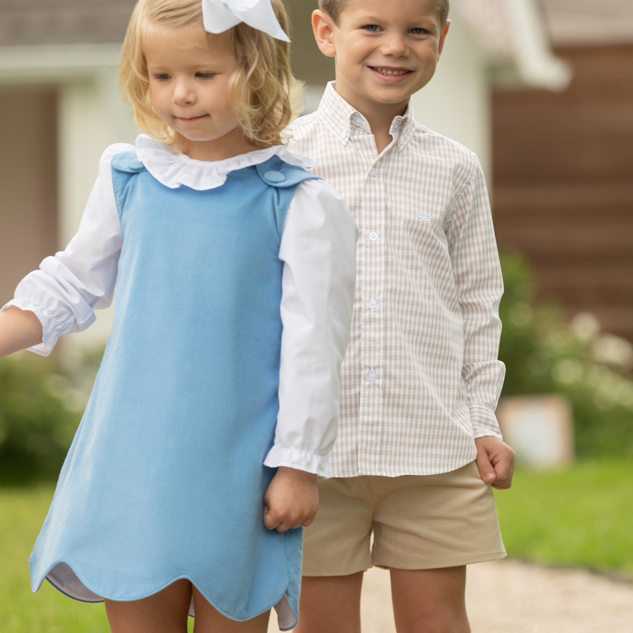 Henry Duvall Robert Shorts in King’s Way Khaki Corduroy, classic fall toddler boys dress shorts with flat front and elastic back, perfect for pairing with gingham shirts and sibling sets
