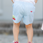 Henry Duvall Liam Shorts in Bailey's Bay Blue with crayon appliqué, classic boys back-to-school shorts with elastic waist for first day of school photos and everyday fall wear.