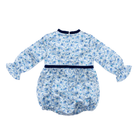 Henry Duvall Hazel Bubble in Prescott Petals floral with Back Bay Blue Velvet bow, classic baby girl fall romper designed to coordinate with sibling and mommy styles
