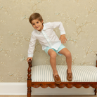Henry Duvall Sullivan Shorts Set for boys in mint piqué, a classic two-piece outfit featuring a button-down shirt with rounded collar and tailored shorts.