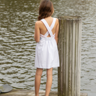 Henry Duvall Campbell girls white dress with red and blue star appliqué and ric rac trim, classic patriotic dress for Memorial Day, 4th of July, and summer occasions
