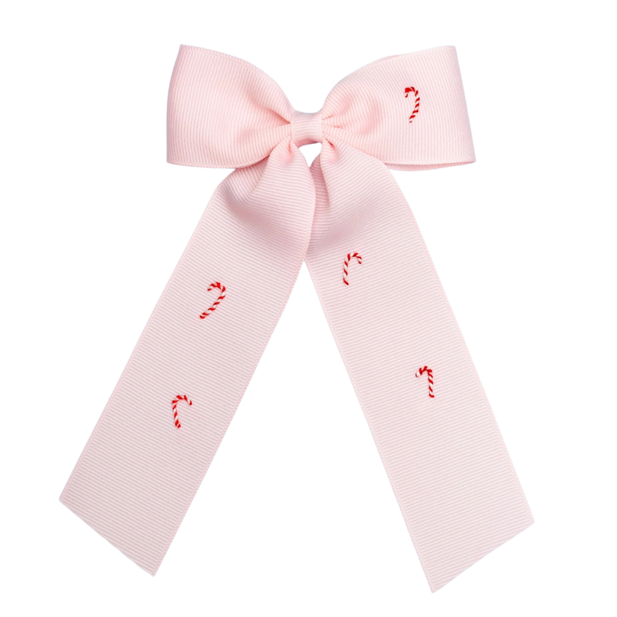 Pink bow with candy cane designs on a white background