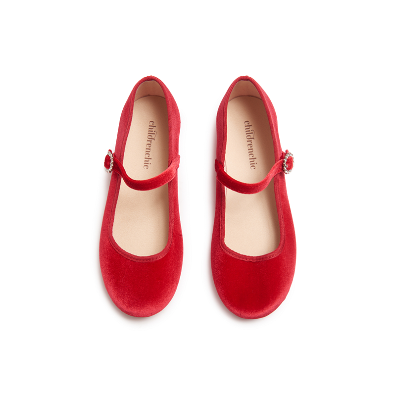 Childrenchic red velvet Mary Jane shoes with sparkling buckle, classic holiday girls dress shoes made in Spain – perfect for Christmas outfits and Henry Duvall holiday collection