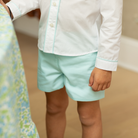 Henry Duvall Sullivan Shorts Set for boys in mint piqué, a classic two-piece outfit featuring a button-down shirt with rounded collar and tailored shorts.