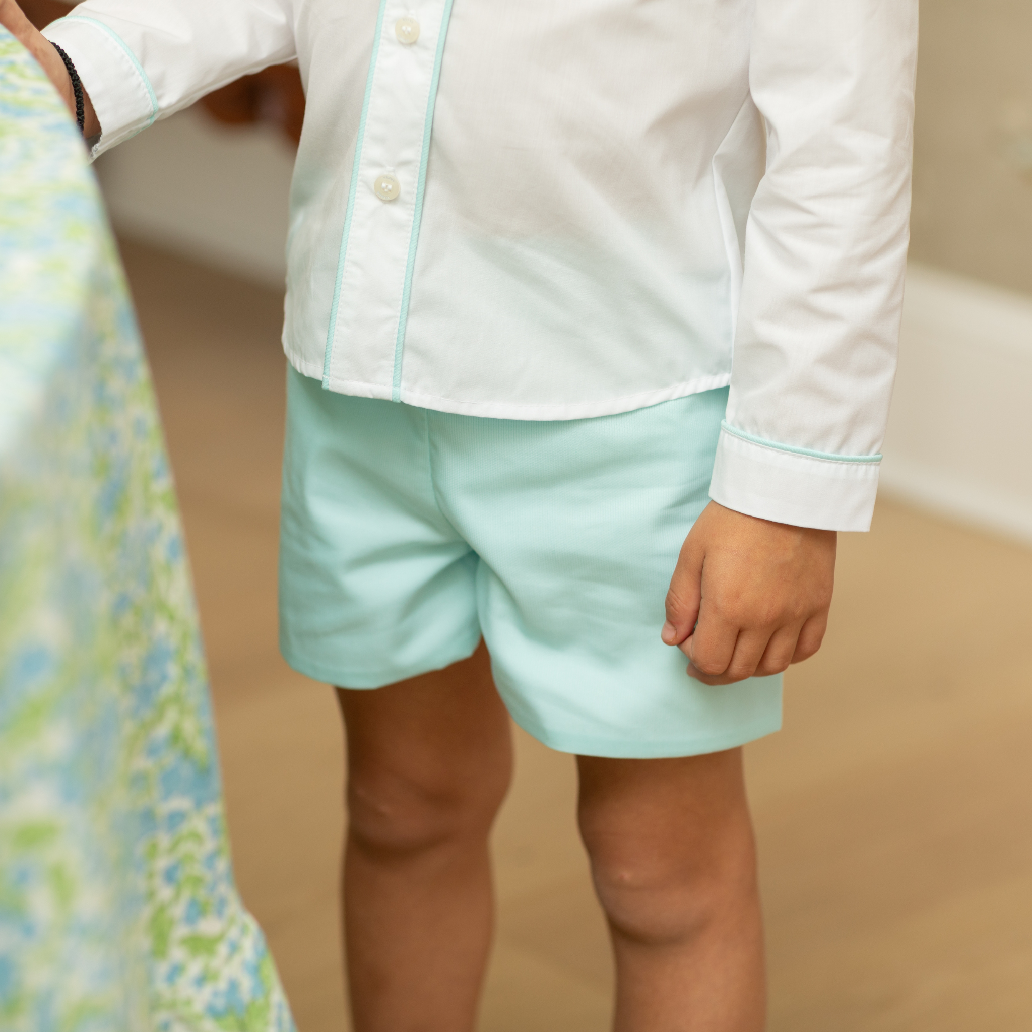 Henry Duvall Sullivan Shorts Set for boys in mint piqué, a classic two-piece outfit featuring a button-down shirt with rounded collar and tailored shorts.