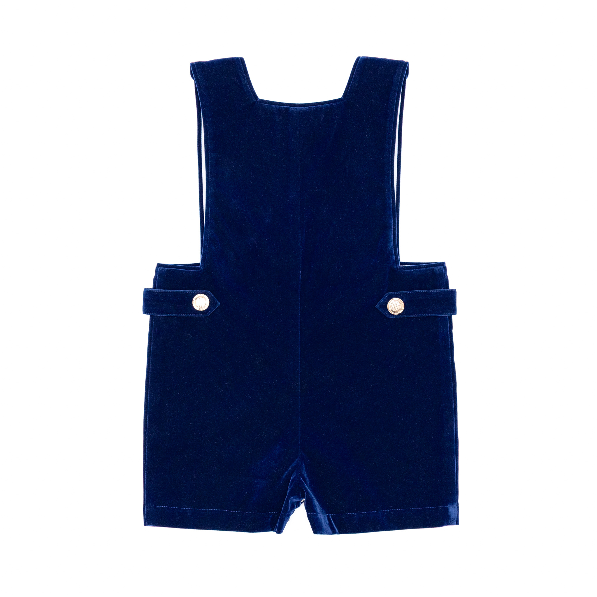 Henry Duvall James Henry Jon Jon in Back Bay Blue Velvet with HD gold buttons, classic baby boy holiday outfit with traditional silhouette and easy stride snaps