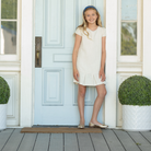 Henry Duvall Charlotte Dress for girls in cream tweed, a classic older girls dress with cap sleeves and box pleat hem.