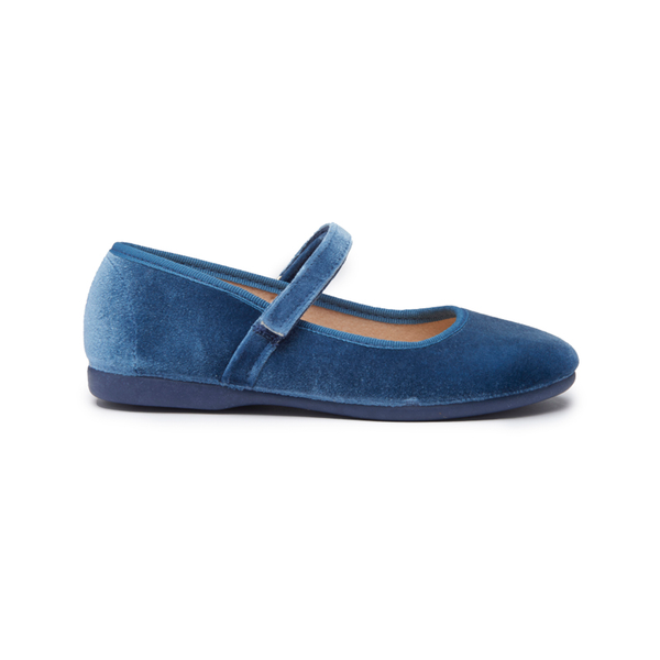 Cassie Blue Velvet Mary Janes for girls by Childrenchic, classic Spanish-made shoes with Velcro strap and cushioned insole, perfect for fall outfits and coordinating with Henry Duvall’s Pastel Petals Collection.