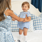 Henry Duvall Banks Bubble in classic blue Charles Street Check with King’s Way Khaki Corduroy trim, classic fall baby boy outfit with covered buttons and diaper snaps