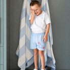 Henry Duvall Liam boys shorts in blue with red white and blue star embroidery, classic preppy patriotic shorts for Memorial Day, 4th of July, and summer wear
