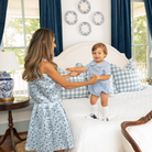 Henry Duvall Banks Bubble in classic blue Charles Street Check with King’s Way Khaki Corduroy trim, classic fall baby boy outfit with covered buttons and diaper snaps