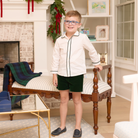 
Sullivan Shorts Set for boys in Grafton Green Velvet, featuring a white long-sleeve Peter Pan collar shirt with green piping and coordinating green velvet shorts.