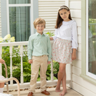 Henry Duvall Bradford Trousers in King’s Way Khaki Corduroy, classic boys fall and winter pants with adjustable elastic inside, perfect for dressing up or coordinating with family looks
