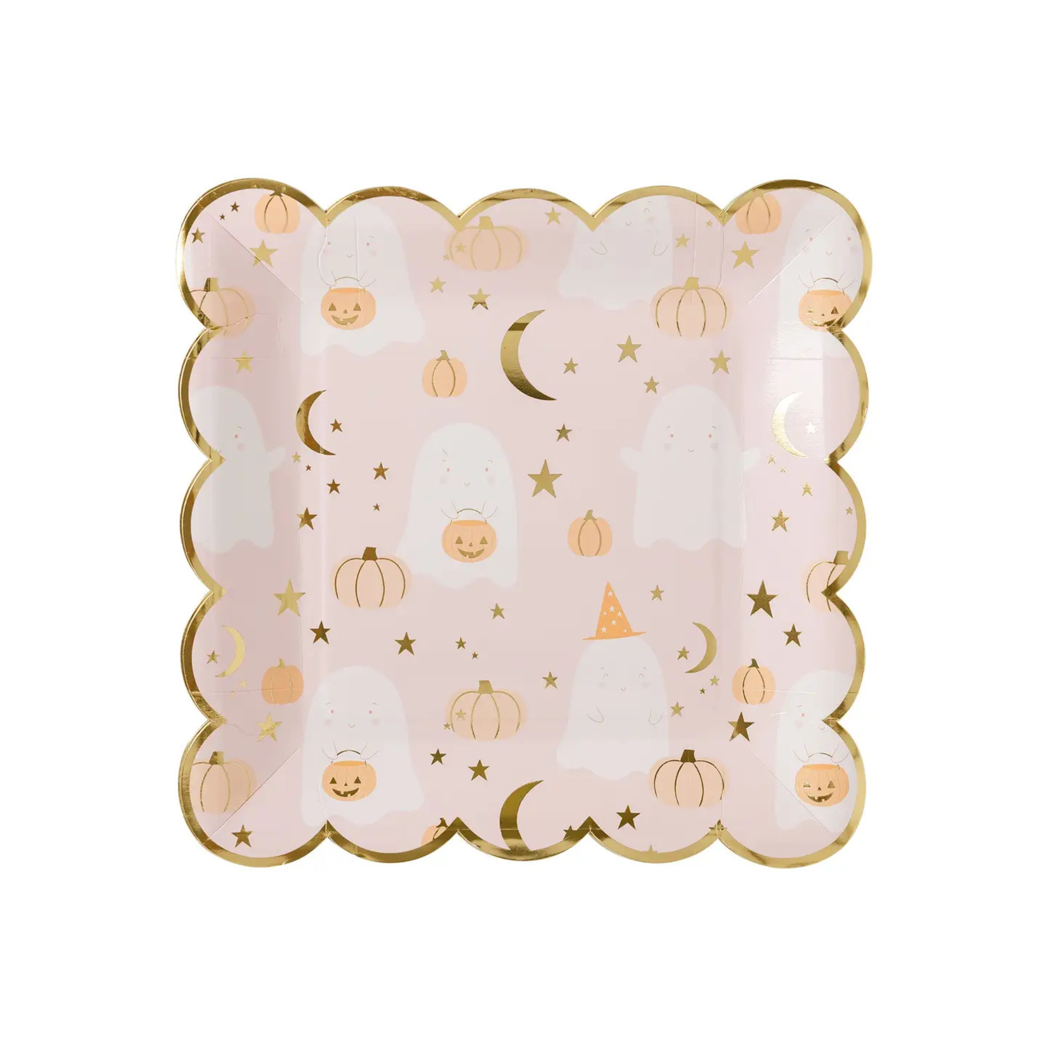 Pale Pink Halloween Ghost Plates with white ghost print and gold foil accents, set of 8 festive 10-inch paper plates for girls Halloween parties and spooky-sweet celebrations