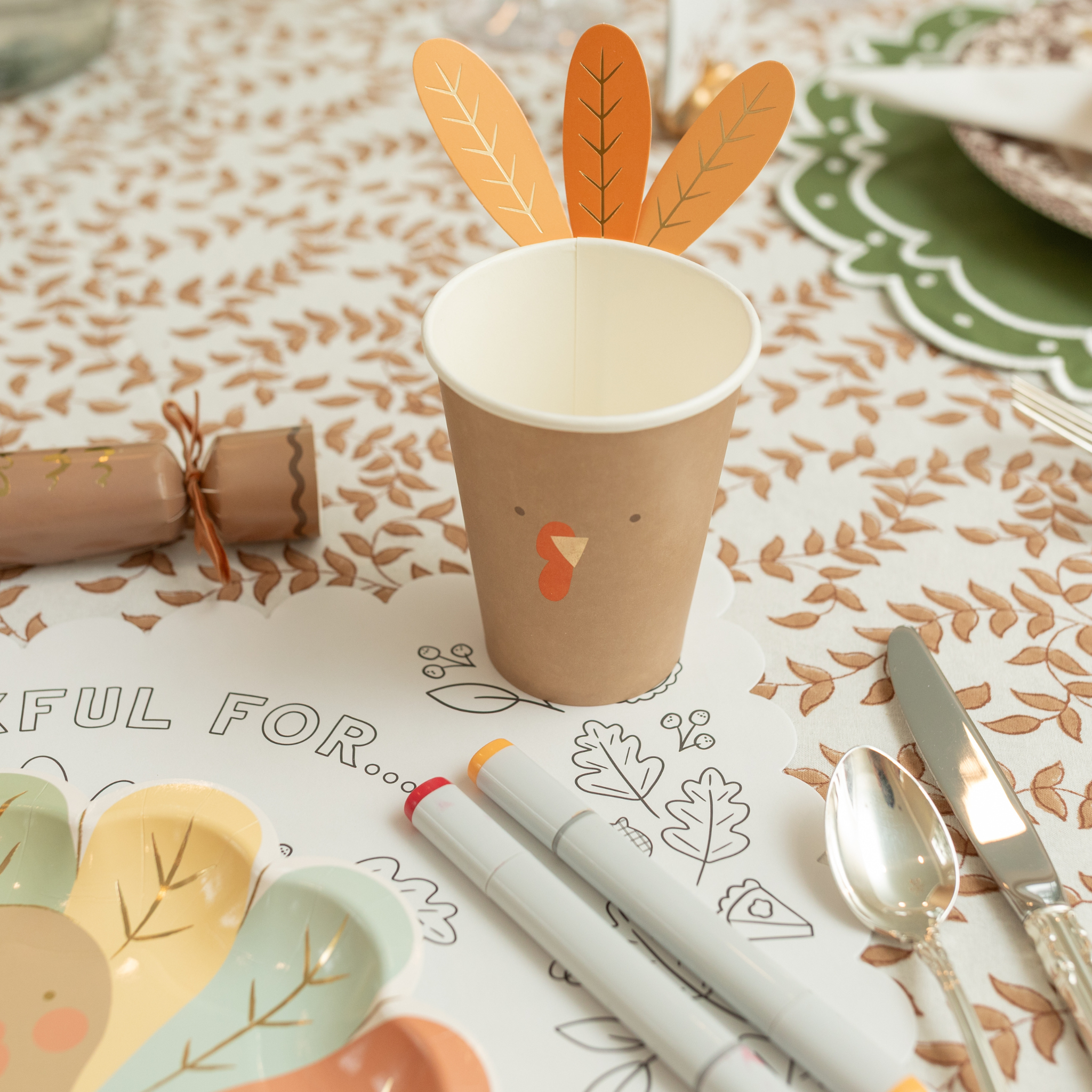 Thanksgiving turkey paper cups with gold foil and adhesive feathers, set of 8 festive 12 oz cups perfect for the kids’ holiday table