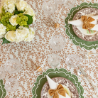 Woodland Leaves Thanksgiving tablecloth in warm golden leaf block print on ivory cotton, handcrafted by Flying Sheep Country, perfect for fall and holiday entertaining.