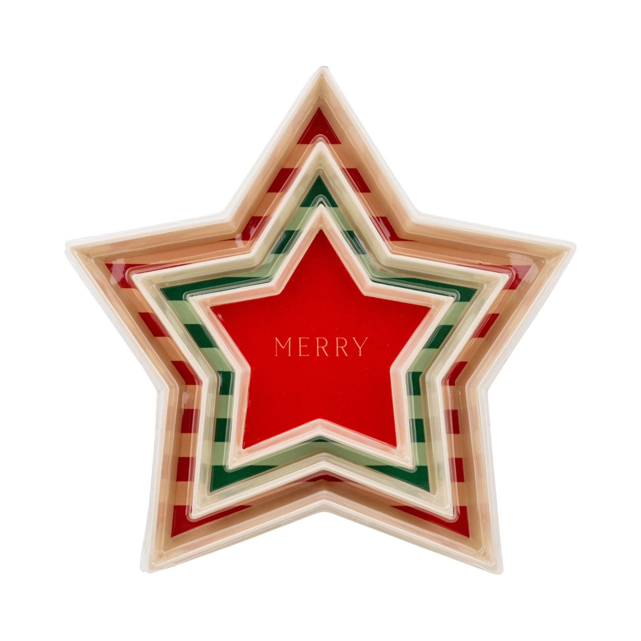 Set of three reusable star-shaped bamboo trays in varying festive red and white holiday designs, arranged for display. Perfect for serving snacks, desserts, or holiday treats at Christmas gatherings