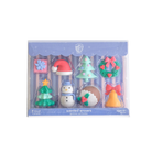 Set of eight holiday-themed vanilla-scented erasers including snowman, Christmas tree, Santa hat, wreath, and more; perfect for stocking stuffers and kids’ holiday gifts