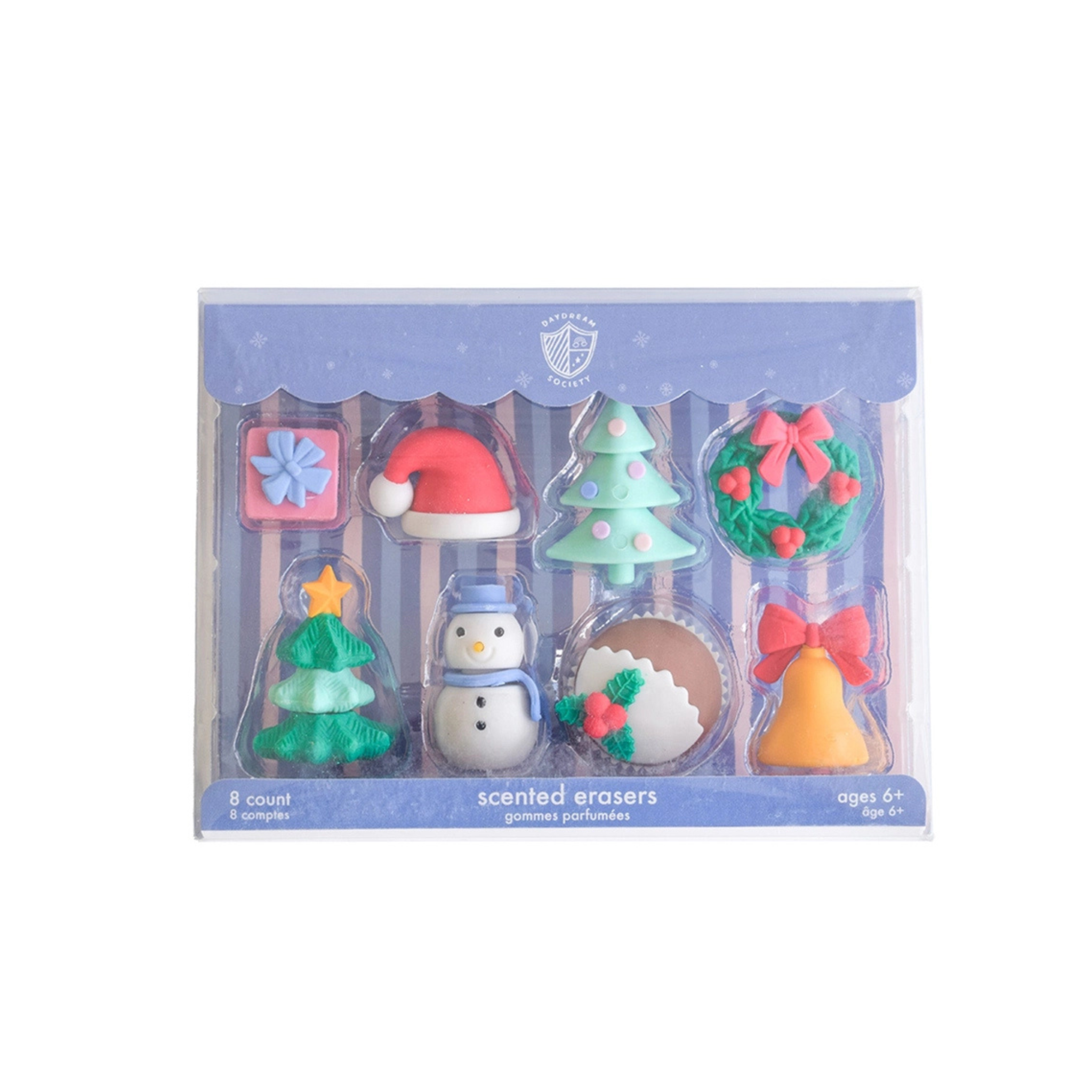 Set of eight holiday-themed vanilla-scented erasers including snowman, Christmas tree, Santa hat, wreath, and more; perfect for stocking stuffers and kids’ holiday gifts