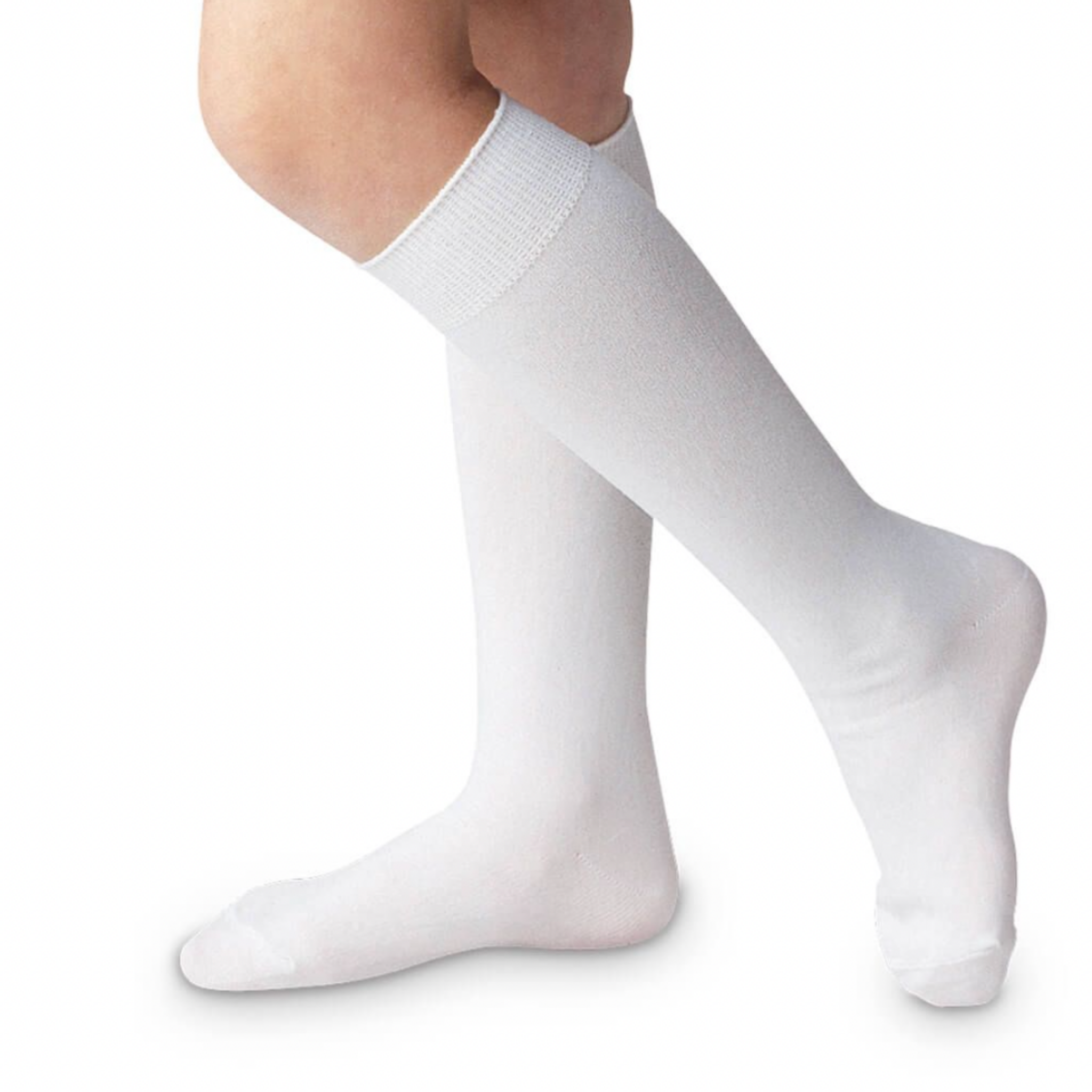 Classic white nylon knee high socks for girls and toddlers, lightweight with ribbed stay-up top, designed for comfort and perfect fit, ideal for pairing with Mary Janes or dress shoes from Henry Duvall’s Fall Collection