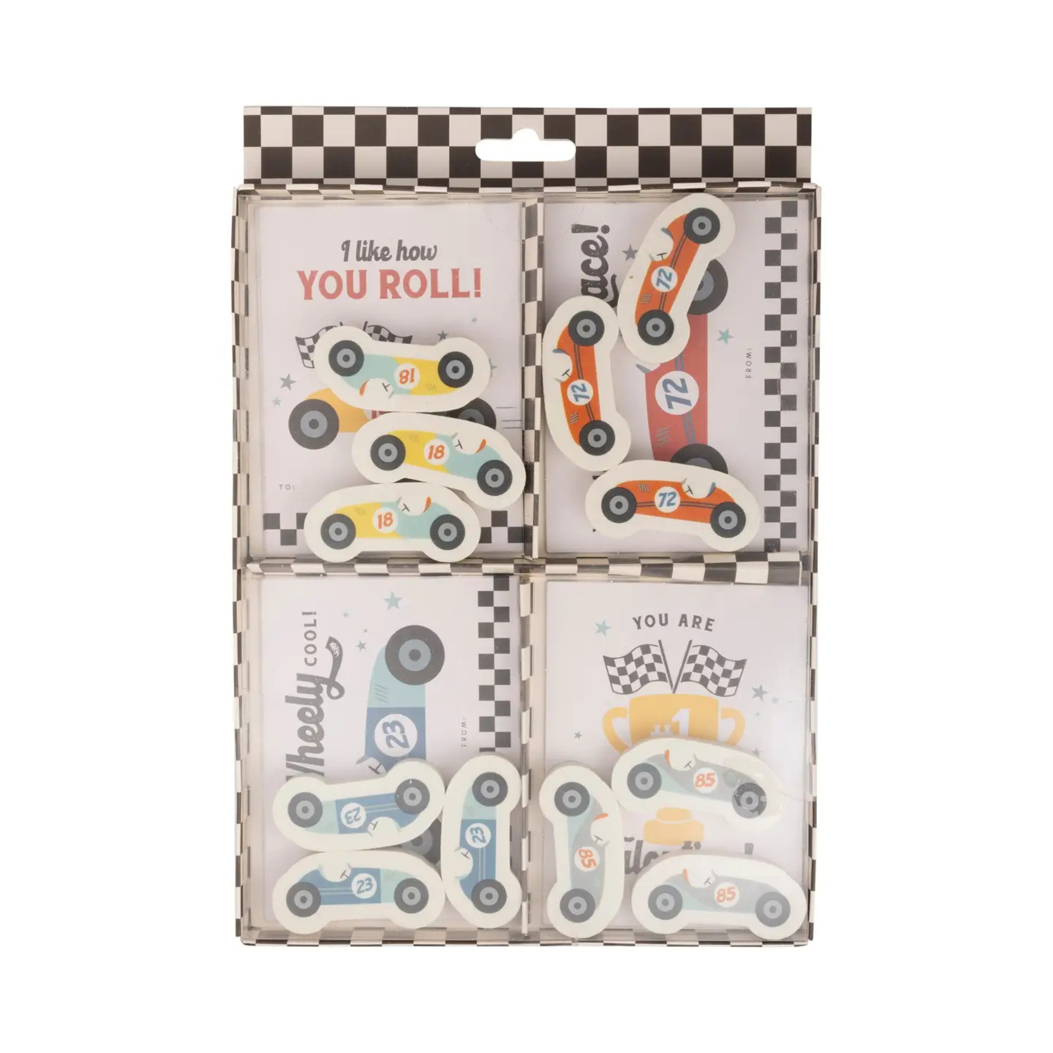 Set of 12 race car Valentine cards with matching erasers, valentines decor/accessory
