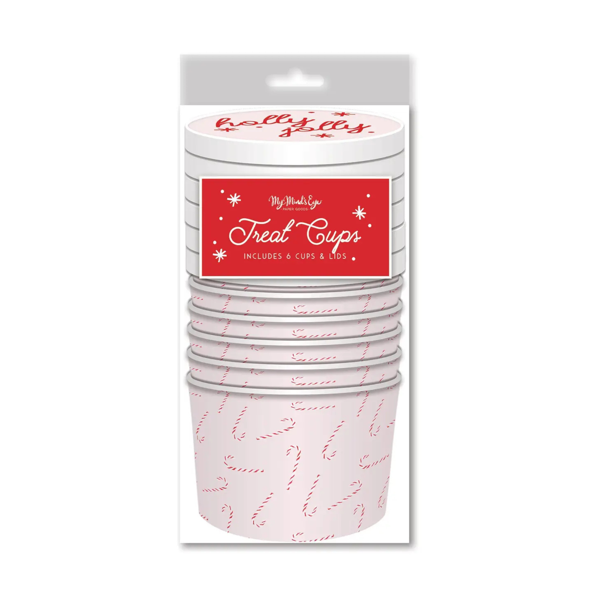 Set of 6 candy cane print Christmas treat cups with lids, perfect for cookies, party favors, or holiday leftovers